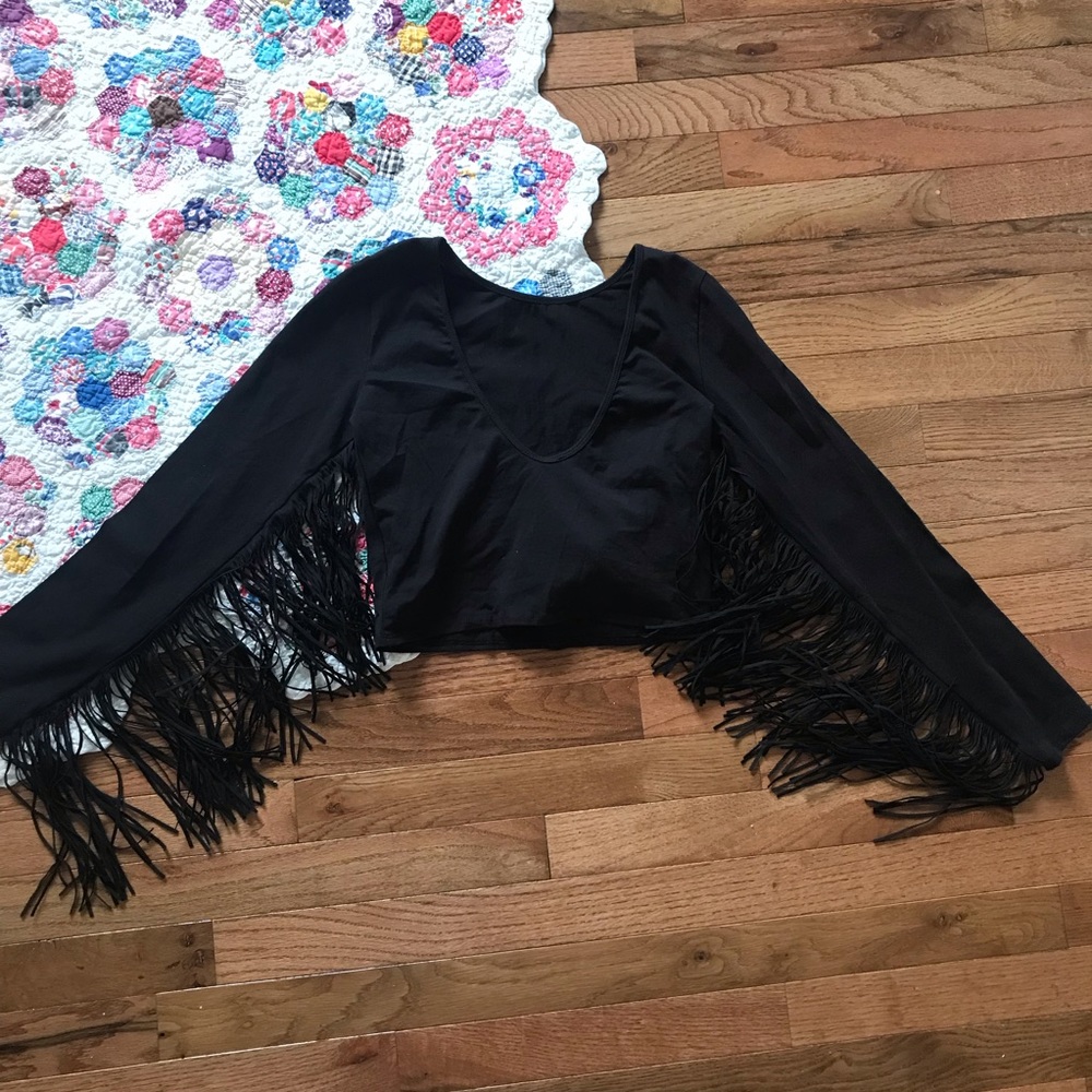 NWT! Zara Black Long Sleeve Crop Top With Fringe - Picture 6 of 7